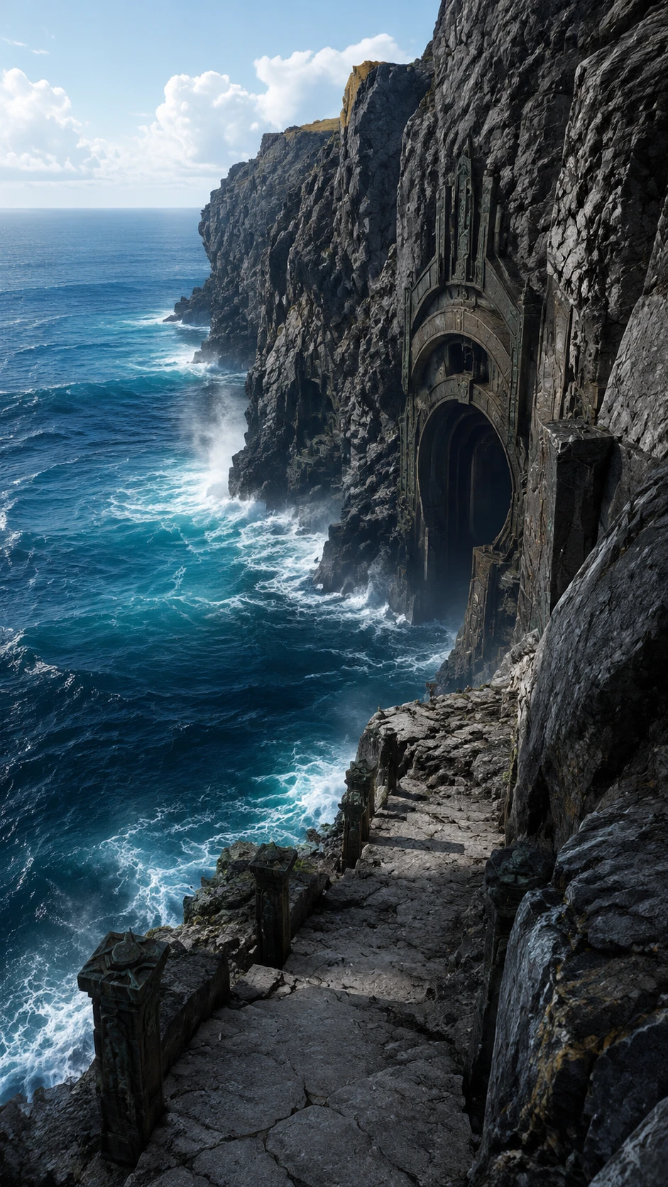 Sealed passages beneath a rocky beachless coast