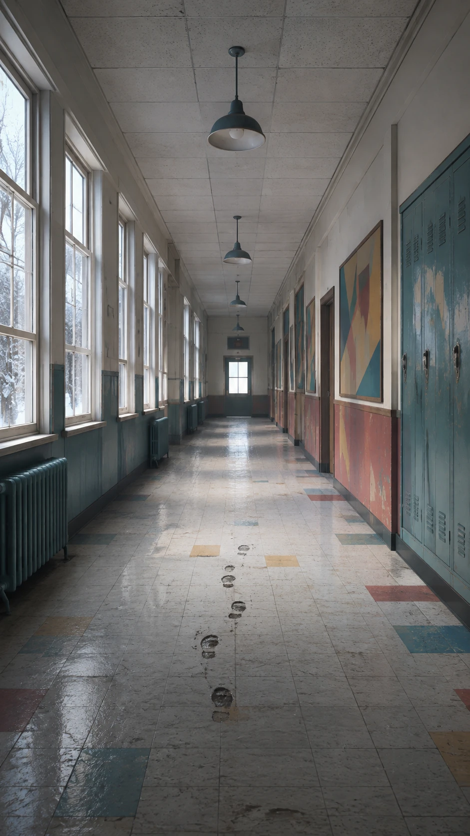 Deserted school interior implying recent activity