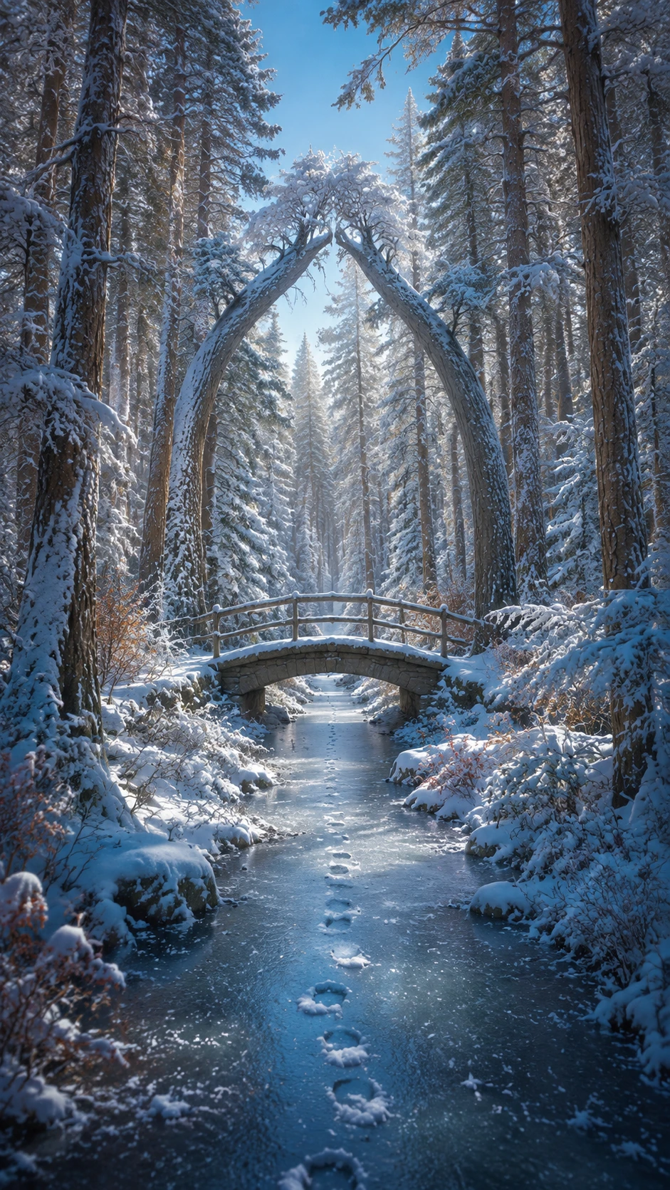 Snowy forest beyond town with subtly impossible nature